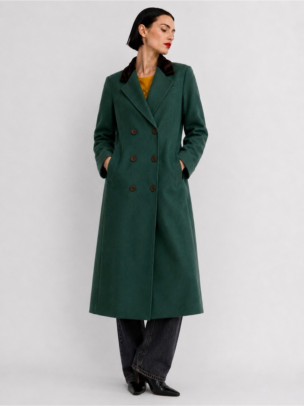 Vintage Long wool & black velvet Double-Breasted Women's Coat in Forest Green. L